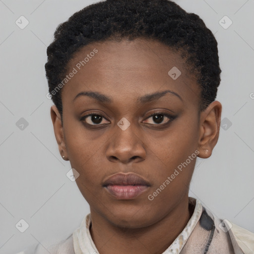 Neutral black young-adult female with short  brown hair and brown eyes