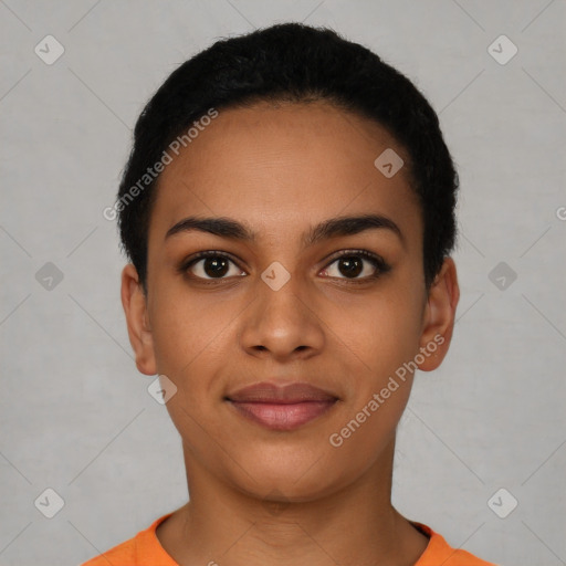 Joyful latino young-adult female with short  black hair and brown eyes