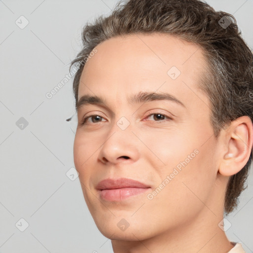 Joyful white young-adult male with medium  brown hair and brown eyes