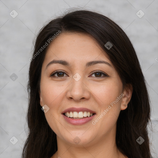 Joyful white young-adult female with long  brown hair and brown eyes