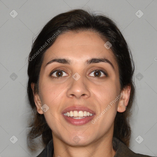 Joyful white young-adult female with medium  brown hair and brown eyes