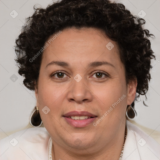 Joyful white adult female with short  brown hair and brown eyes