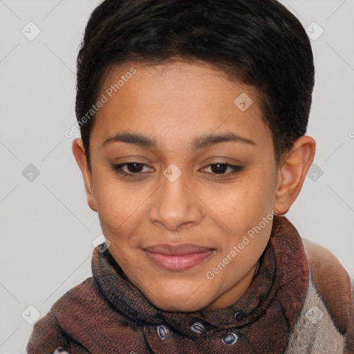 Joyful latino young-adult female with short  brown hair and brown eyes