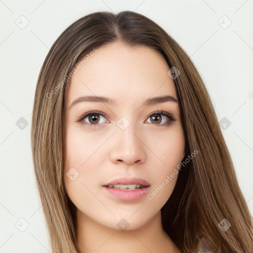 Neutral white young-adult female with long  brown hair and brown eyes