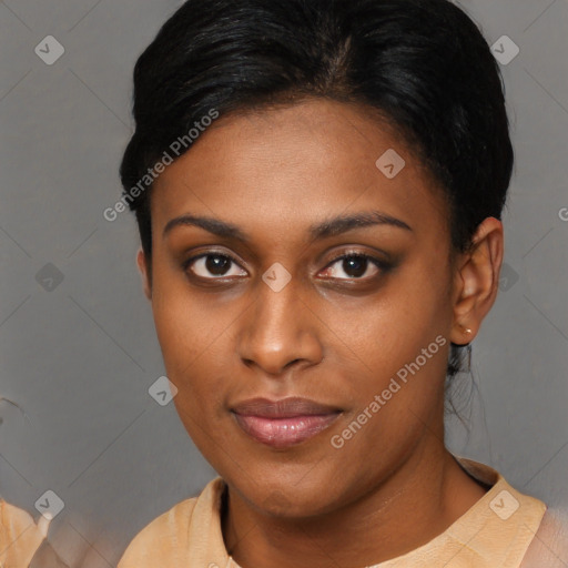Neutral asian young-adult female with short  brown hair and brown eyes