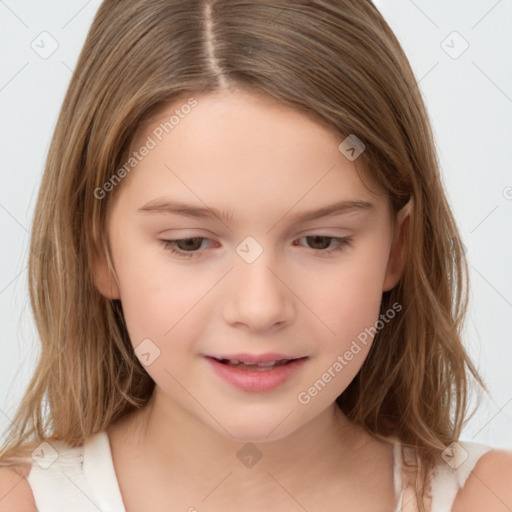 Joyful white child female with medium  brown hair and brown eyes