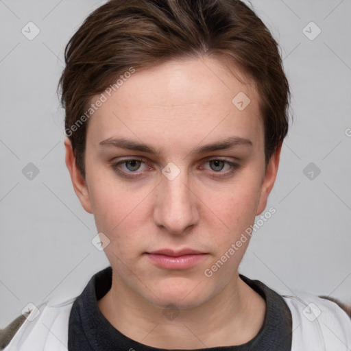 Neutral white young-adult female with short  brown hair and grey eyes