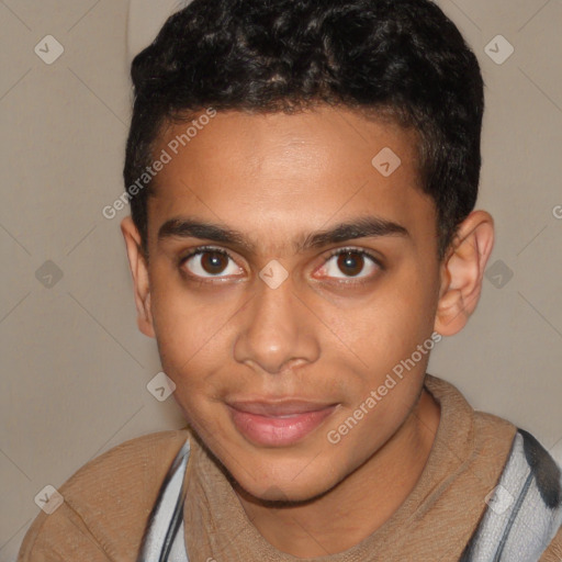 Joyful latino young-adult male with short  brown hair and brown eyes