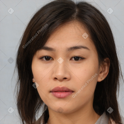 Neutral asian young-adult female with long  brown hair and brown eyes