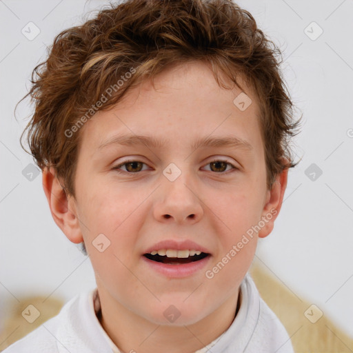 Joyful white child male with short  brown hair and brown eyes