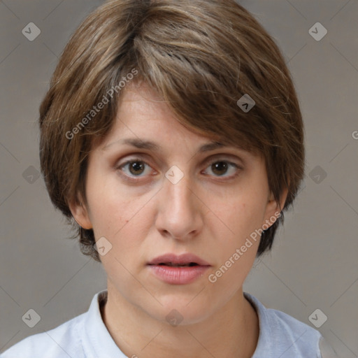 Neutral white young-adult female with medium  brown hair and brown eyes