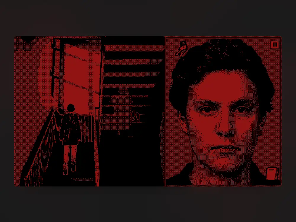 Red-tinted noir-style artwork showing William Clarke, main character from Who's Lila video game