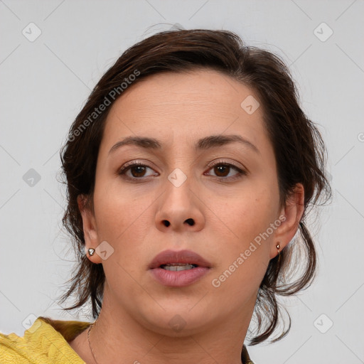 Neutral white young-adult female with medium  brown hair and brown eyes