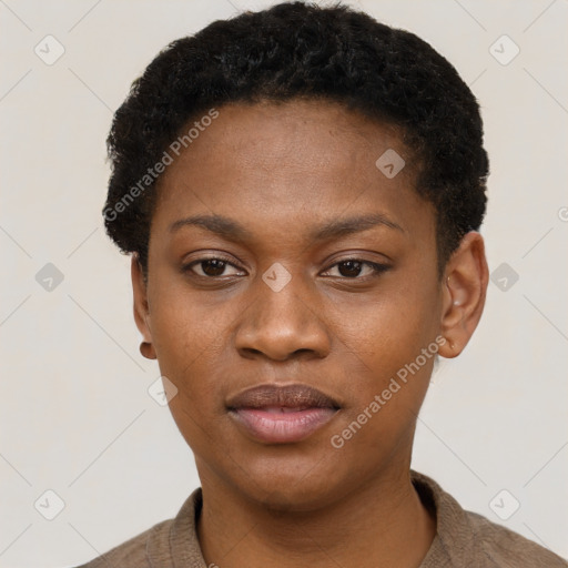 Neutral black young-adult female with short  black hair and brown eyes