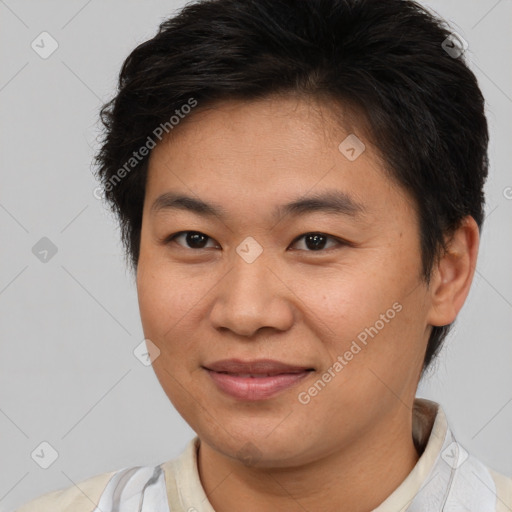 Joyful white young-adult female with short  brown hair and brown eyes