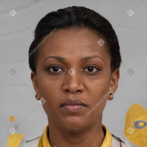 Neutral black young-adult female with short  brown hair and brown eyes
