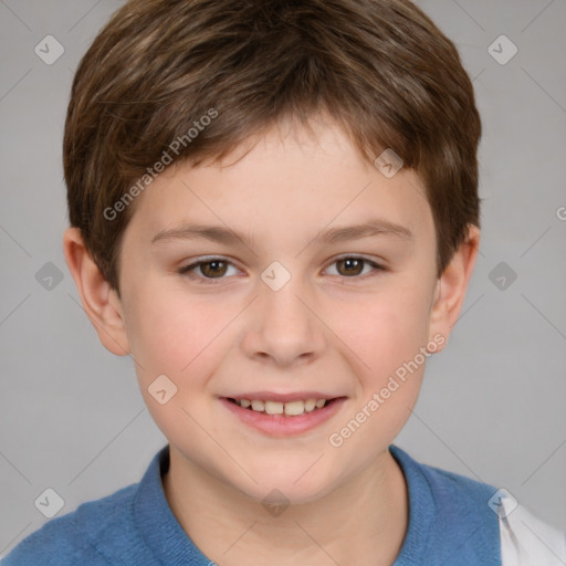 Joyful white child male with short  brown hair and brown eyes