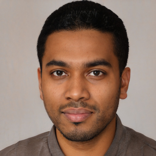 Neutral black young-adult male with short  black hair and brown eyes