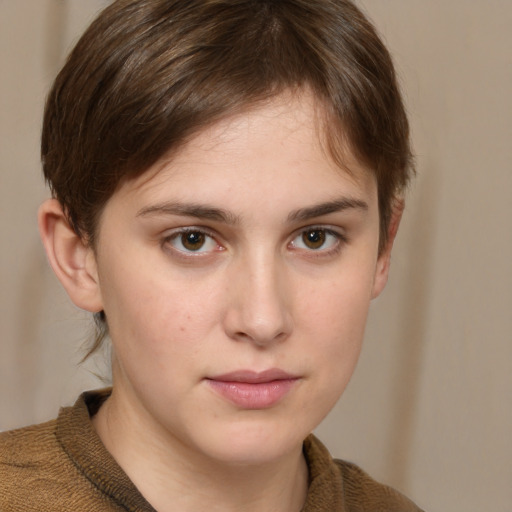 Neutral white young-adult female with medium  brown hair and brown eyes