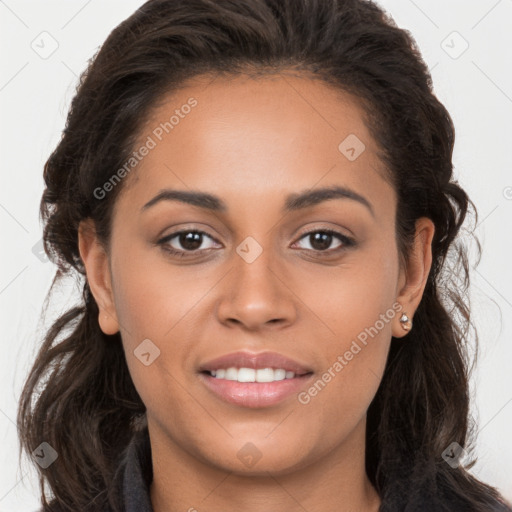 Joyful white young-adult female with long  brown hair and brown eyes