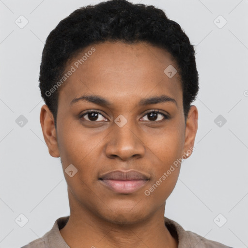 Joyful black young-adult female with short  black hair and brown eyes