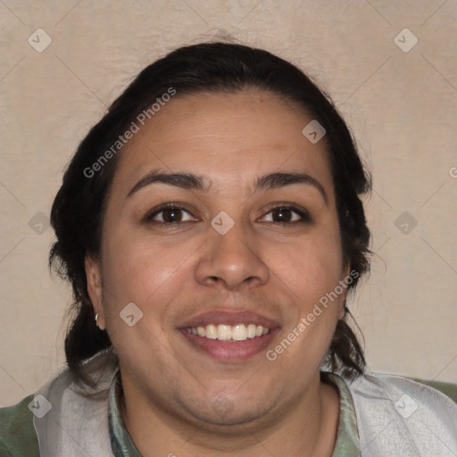 Joyful white adult female with medium  brown hair and brown eyes