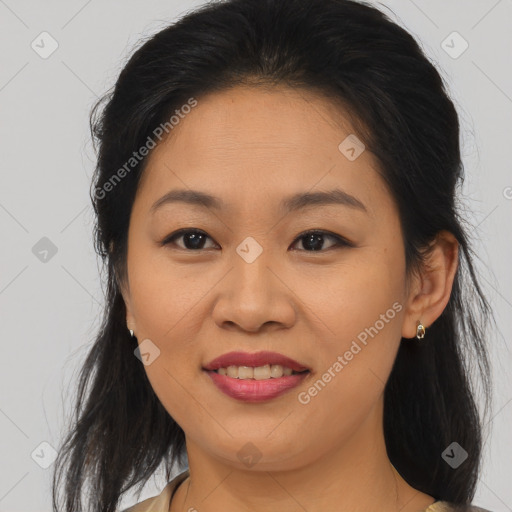 Joyful asian young-adult female with medium  brown hair and brown eyes