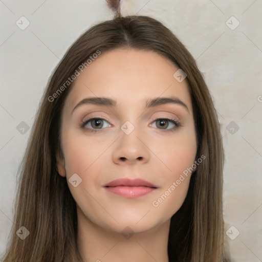 Neutral white young-adult female with long  brown hair and brown eyes