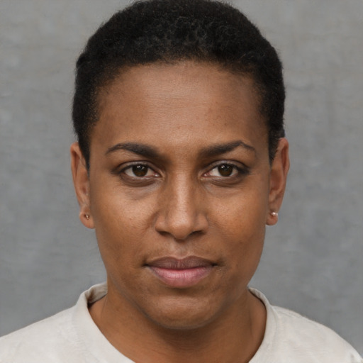 Neutral black young-adult female with short  black hair and brown eyes