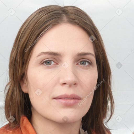 Neutral white young-adult female with medium  brown hair and brown eyes