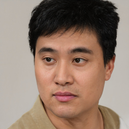 Neutral white young-adult male with short  black hair and brown eyes