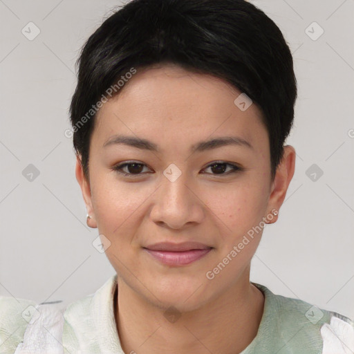 Joyful asian young-adult female with short  black hair and brown eyes