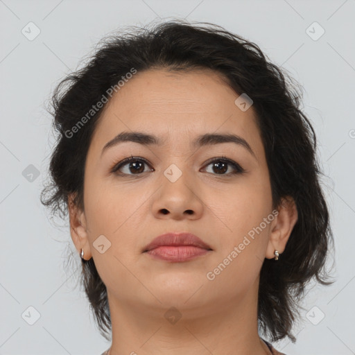 Neutral asian young-adult female with medium  brown hair and brown eyes