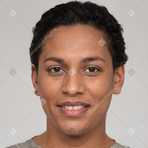 Joyful white young-adult female with short  black hair and brown eyes