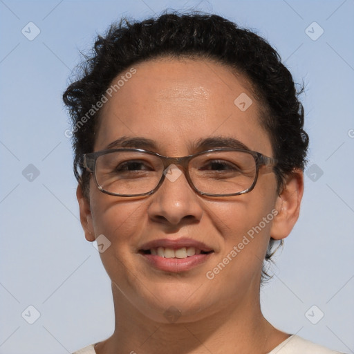 Joyful white adult female with short  brown hair and brown eyes