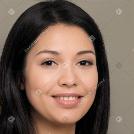 Joyful white young-adult female with long  black hair and brown eyes