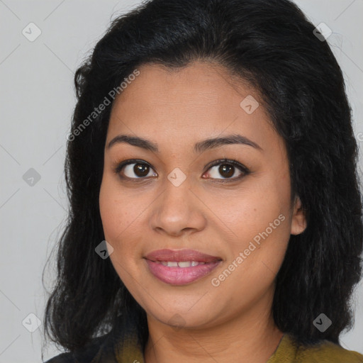 Joyful asian young-adult female with long  brown hair and brown eyes