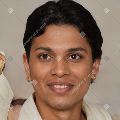 Joyful latino young-adult female with short  brown hair and brown eyes