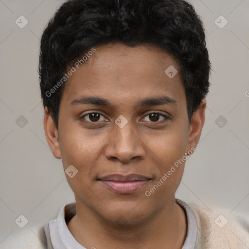 Joyful latino young-adult male with short  brown hair and brown eyes