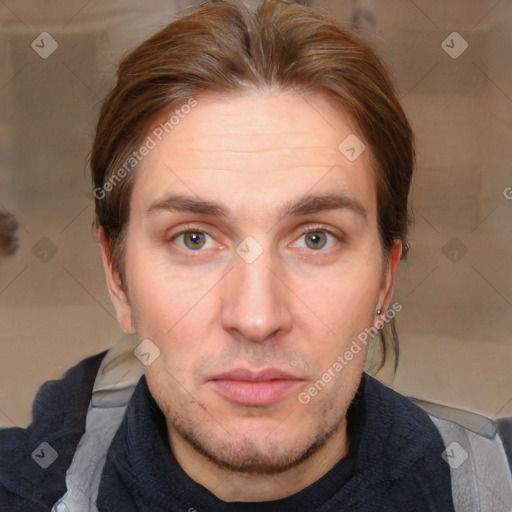 Neutral white adult male with short  brown hair and brown eyes