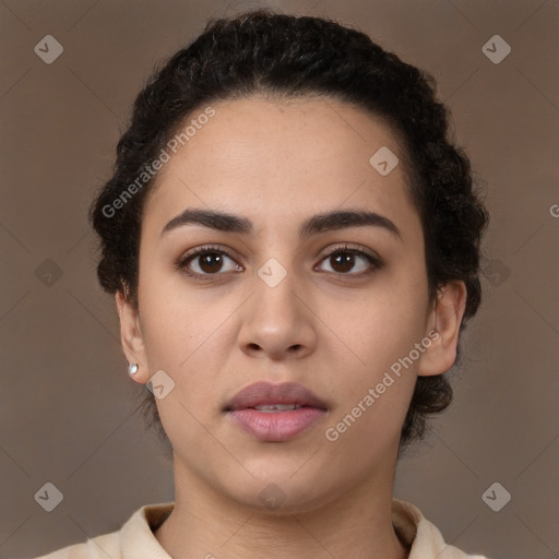 Neutral white young-adult female with short  brown hair and brown eyes