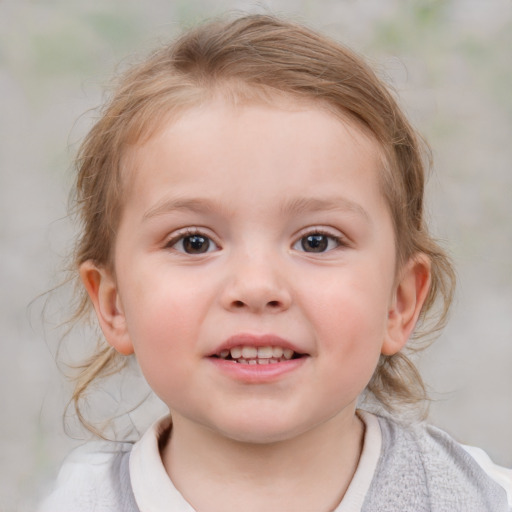 Joyful white child female with medium  brown hair and blue eyes