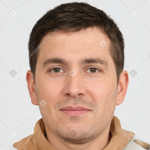 Joyful white young-adult male with short  brown hair and brown eyes