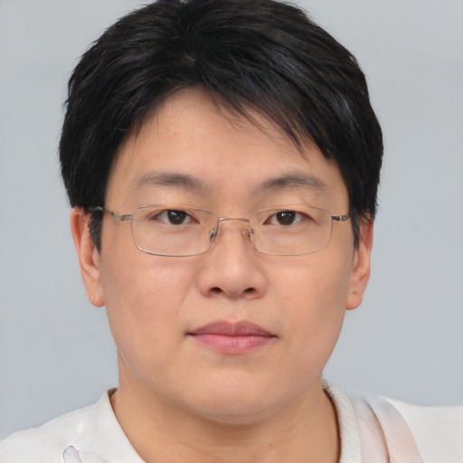 Neutral asian young-adult female with short  brown hair and brown eyes