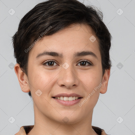 Joyful white young-adult female with short  brown hair and brown eyes