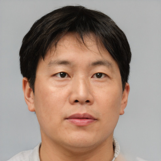 Joyful asian adult male with short  brown hair and brown eyes