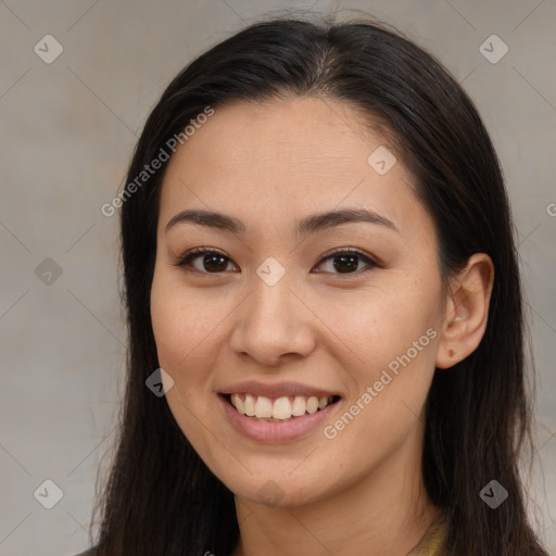 Joyful latino young-adult female with long  brown hair and brown eyes