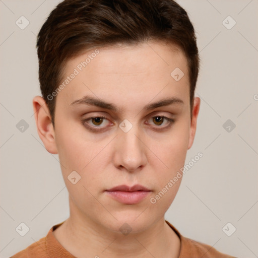 Neutral white young-adult male with short  brown hair and brown eyes