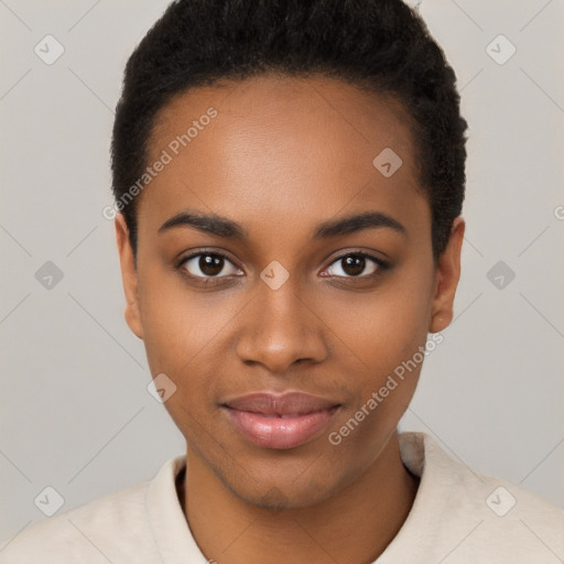 Joyful black young-adult female with short  black hair and brown eyes