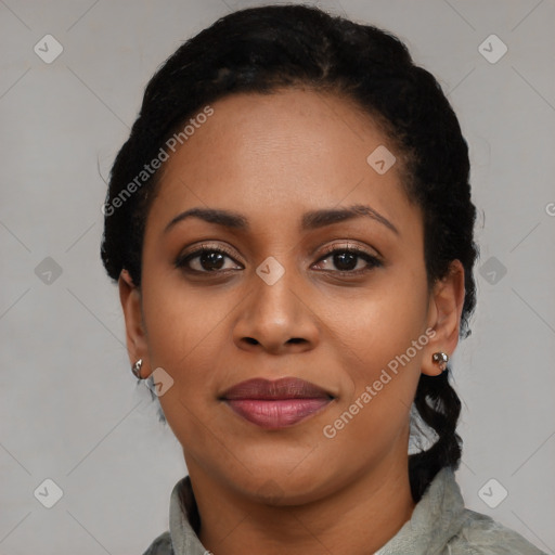 Joyful latino young-adult female with short  black hair and brown eyes